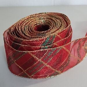Elegant Red Plaid Wired Ribbon with Green & Gold Accents